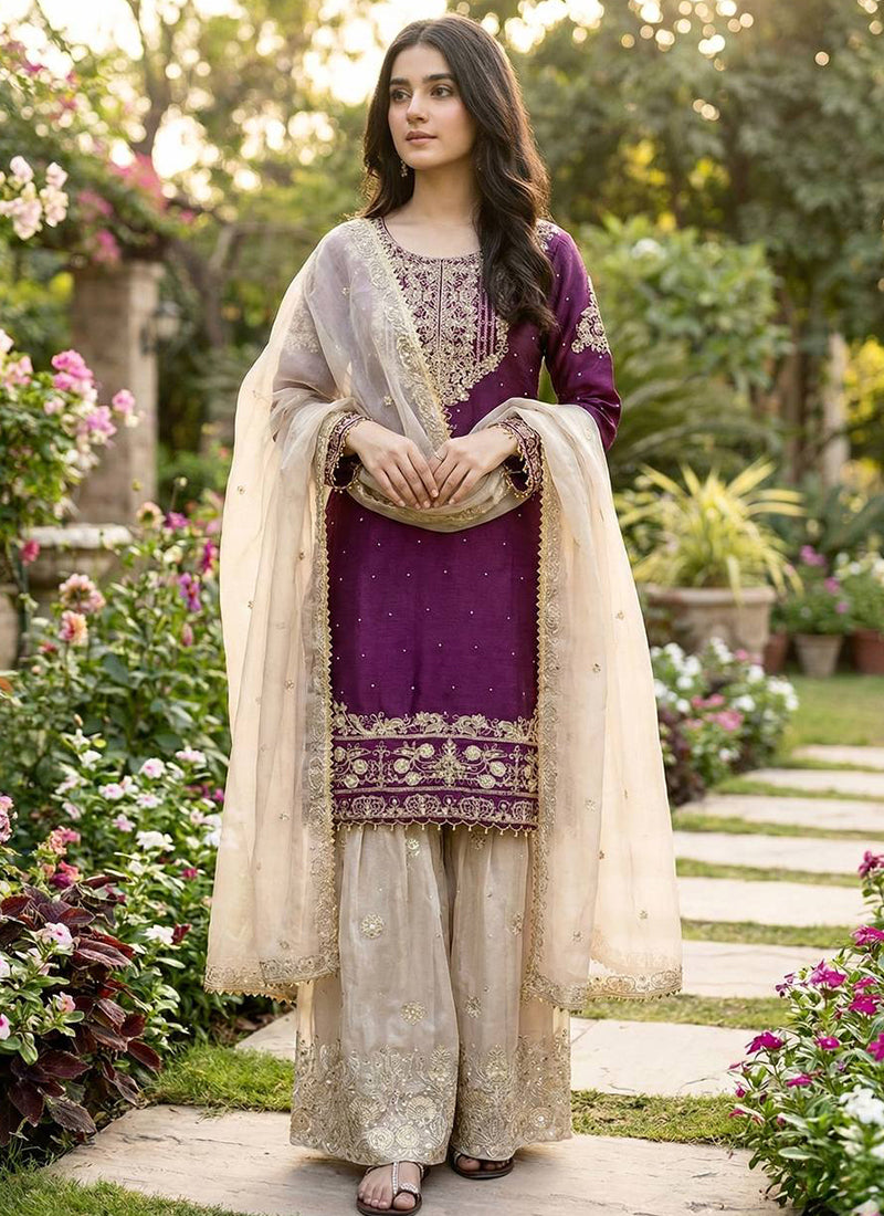 Magneta Jimmy Choo Silk Zari Work Festival Wear Readymade Sharara Suit SW394575