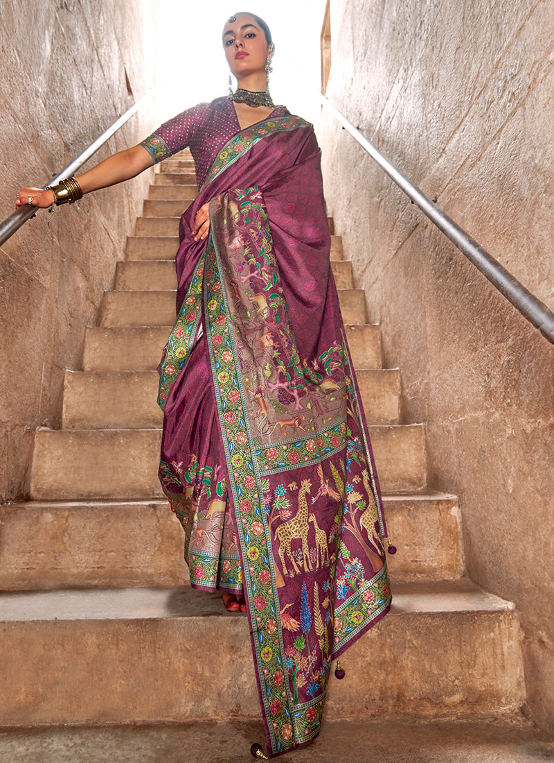 Pv Silk Magenta Saree with Printed Work for Designer Wear 385133