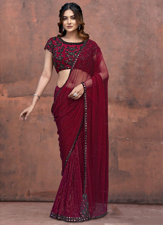 Armani Tulle Fabric Maroon Wedding Wear Bead Work Ready To Wear Saree 387534