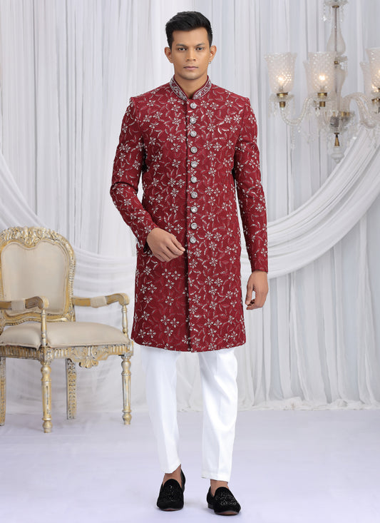 Art Silk Maroon Wedding Wear Computer Thread Work Readymade Indo Western Sherwani 386021