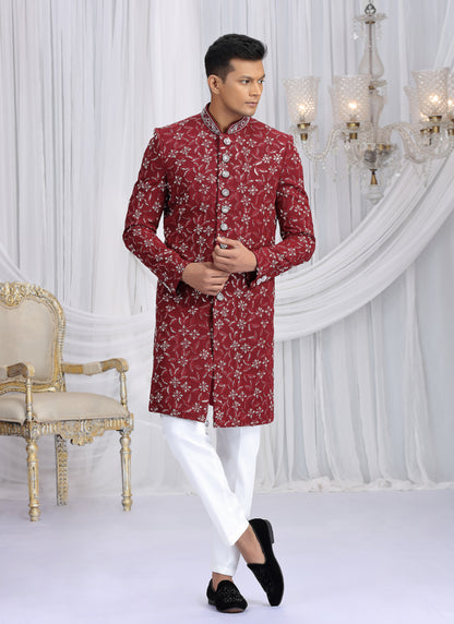 Art Silk Maroon Wedding Wear Computer Thread Work Readymade Indo Western Sherwani 386021