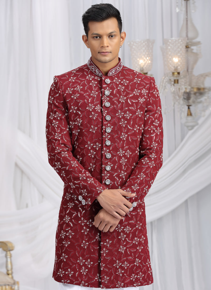 Art Silk Maroon Wedding Wear Computer Thread Work Readymade Indo Western Sherwani 386021