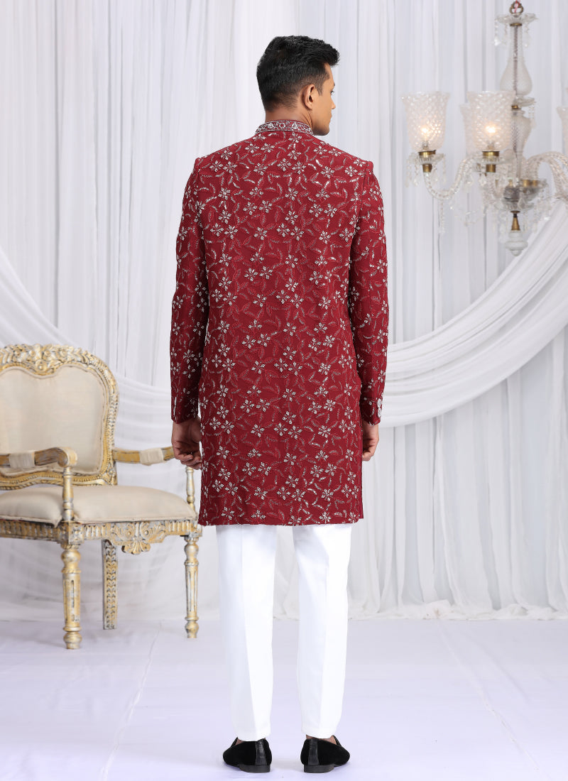 Art Silk Maroon Wedding Wear Computer Thread Work Readymade Indo Western Sherwani 386021