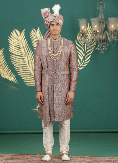 Banarasi Jacquard Maroon Wedding Wear Hand Embroidery Readymade Groom Sherwani 385997