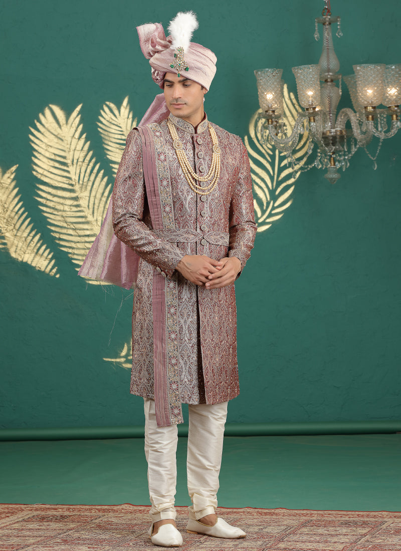 Banarasi Jacquard Maroon Wedding Wear Hand Embroidery Readymade Groom Sherwani 385997