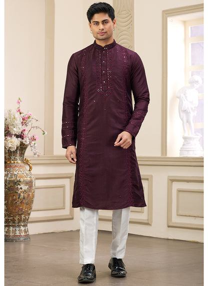 Stylish Maroon Banarasi Silk Kurta Pajama with Sequins Work