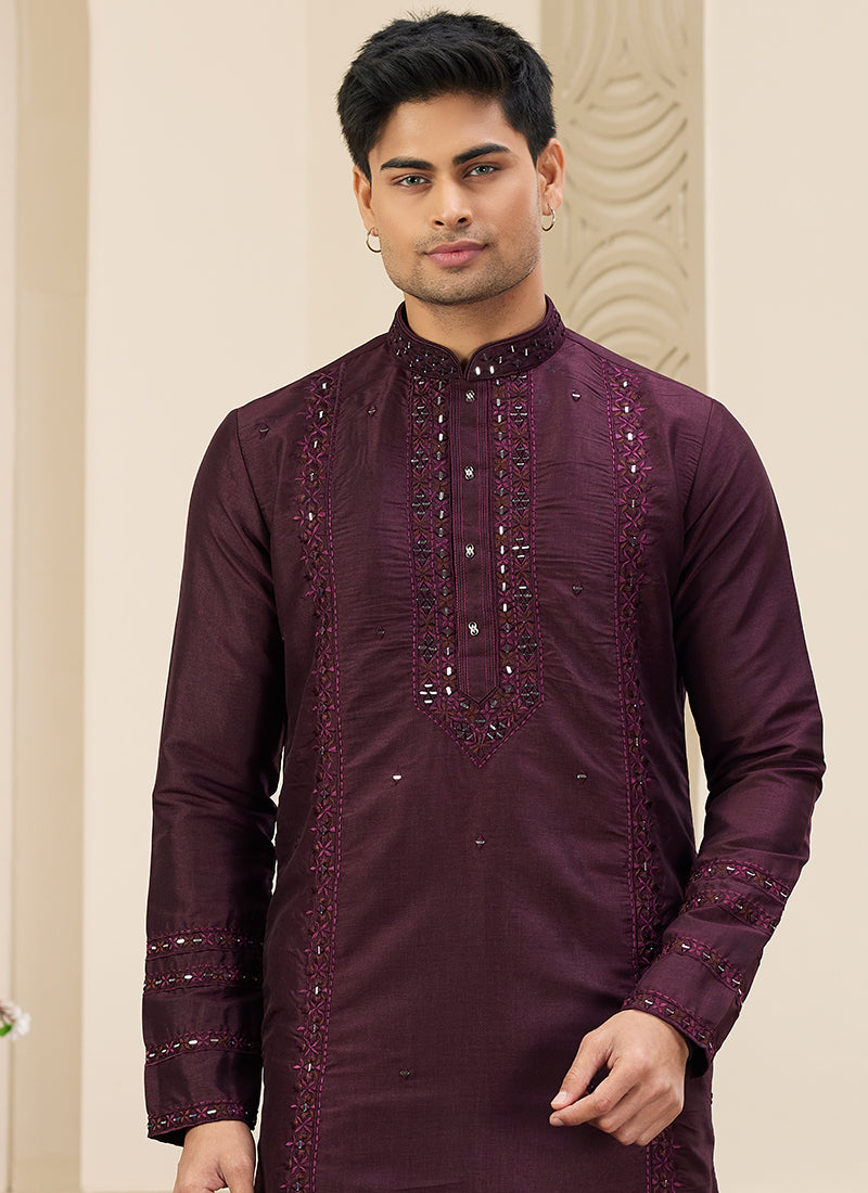 Stylish Maroon Banarasi Silk Kurta Pajama with Sequins Work
