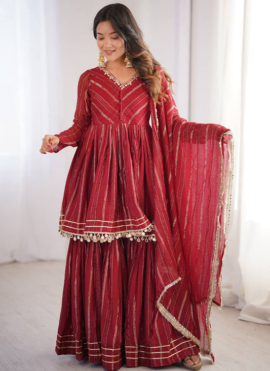 Chanderi Maroon Festival Wear Sequins Work Readymade Sharara Suit 390691