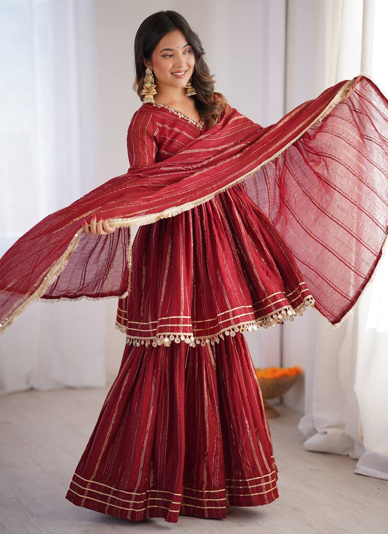 Chanderi Maroon Festival Wear Sequins Work Readymade Sharara Suit 390691