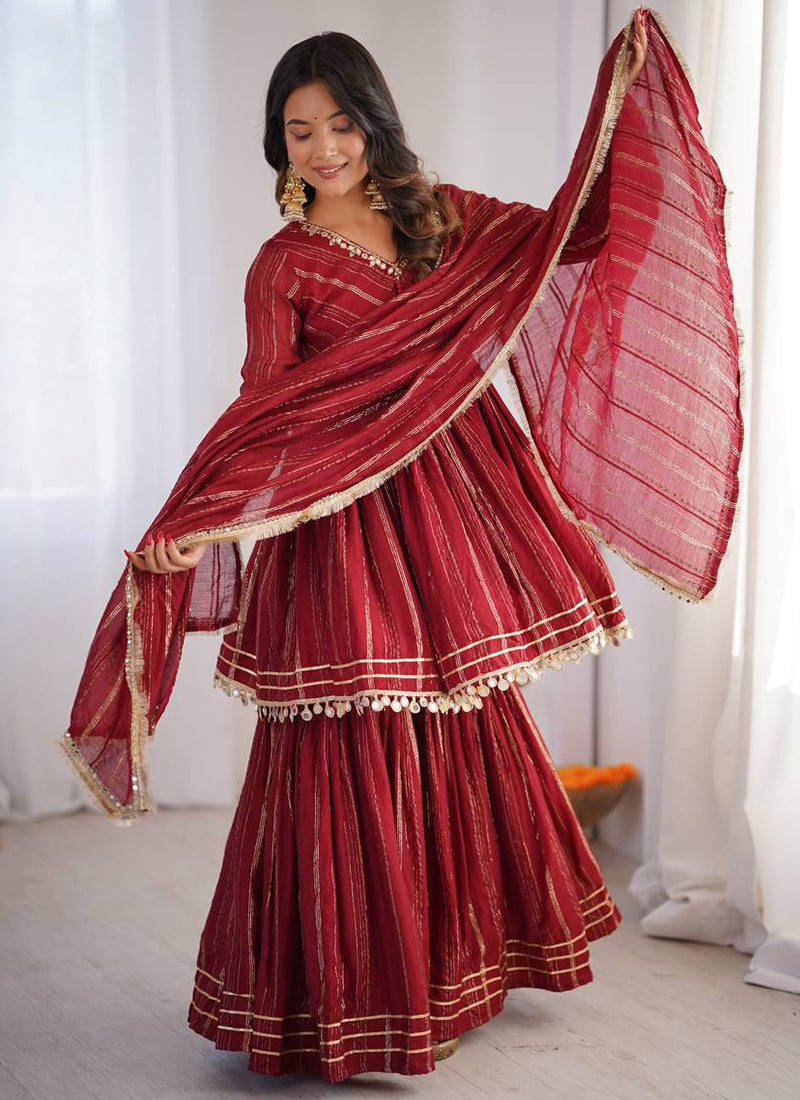Chanderi Maroon Festival Wear Sequins Work Readymade Sharara Suit 390691