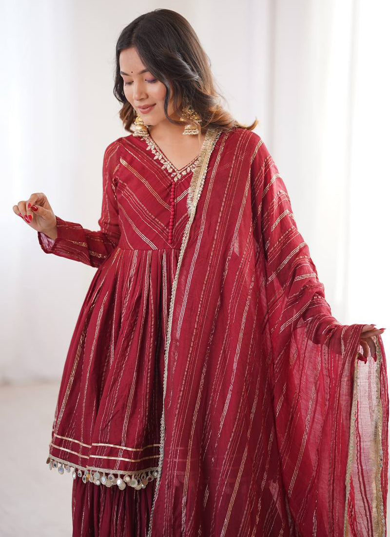 Chanderi Maroon Festival Wear Sequins Work Readymade Sharara Suit 390691