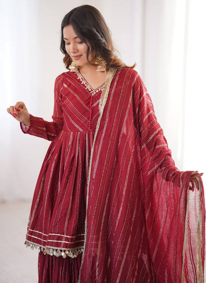 Chanderi Maroon Festival Wear Sequins Work Readymade Sharara Suit 390691