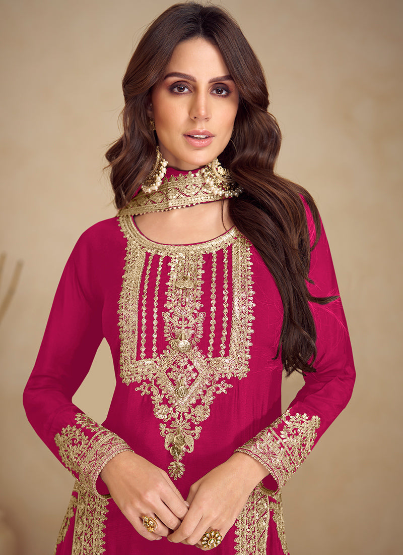 Chinon Maroon Festival Wear Embroidery Work Readymade Salwar Suit 385862