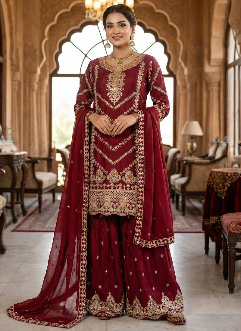 Maroon Chinon Sequins Embroidery Work Party Wear Readymade Sharara Suit SW205073
