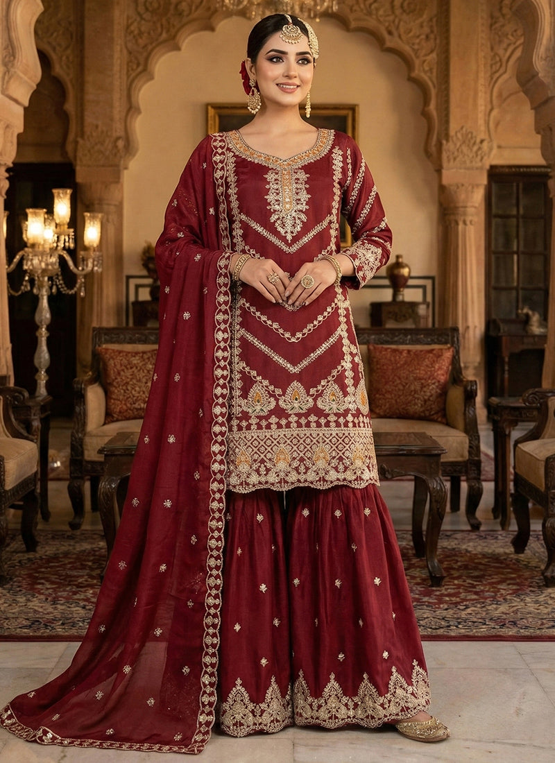 Maroon Chinon Sequins Embroidery Work Party Wear Readymade Sharara Suit SW205073