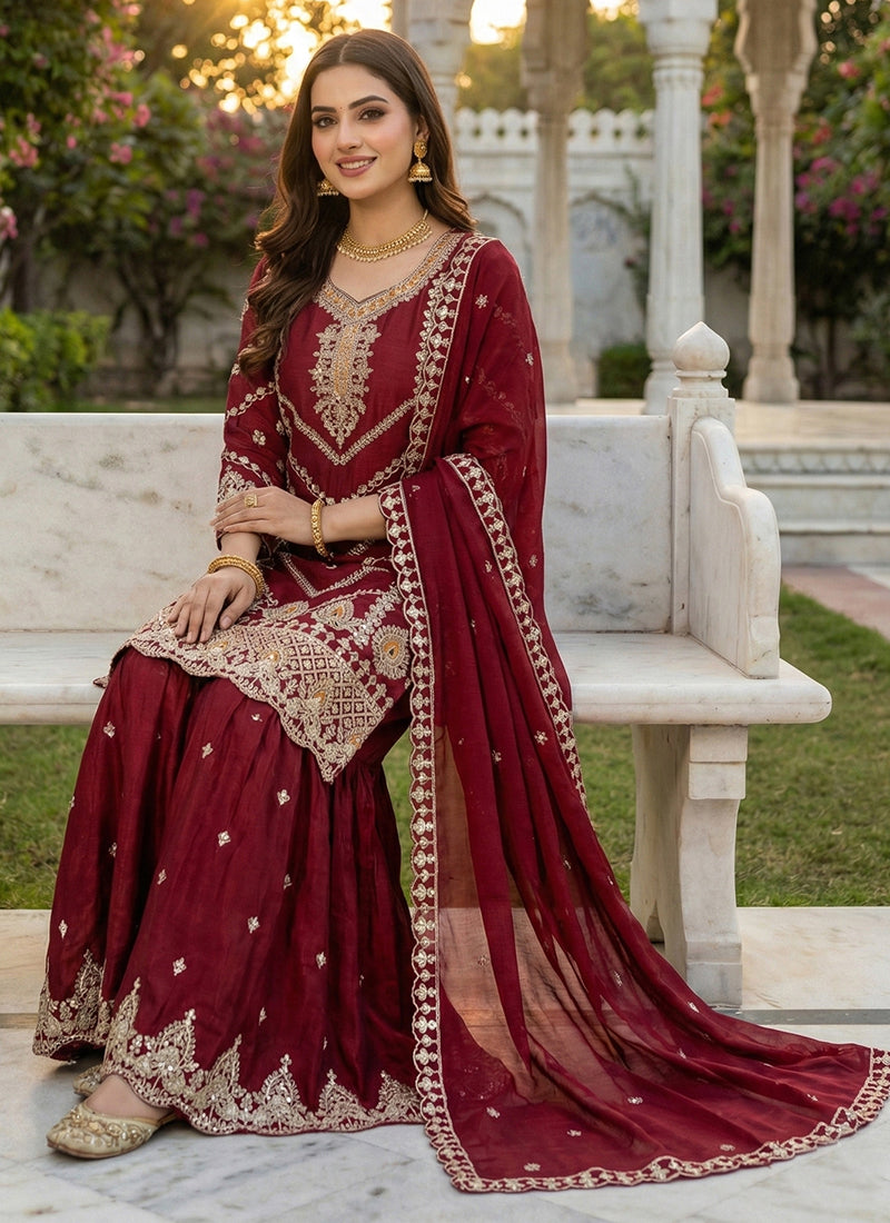 Maroon Chinon Sequins Embroidery Work Party Wear Readymade Sharara Suit SW205073