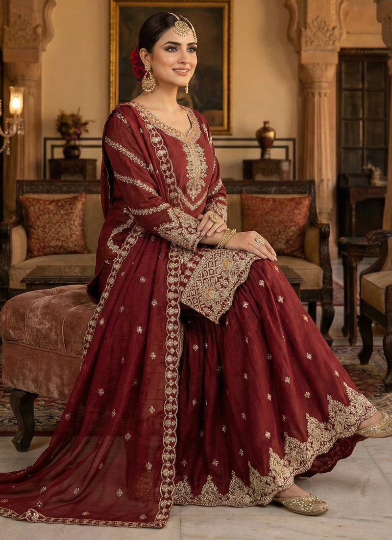 Maroon Chinon Sequins Embroidery Work Party Wear Readymade Sharara Suit SW205073