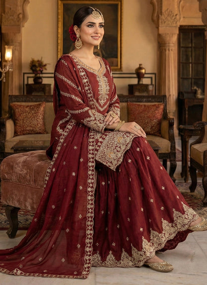 Maroon Chinon Sequins Embroidery Work Party Wear Readymade Sharara Suit SW205073