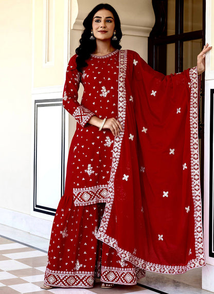 Maroon Chinon Silk Sequins Work Festival Wear Readymade Sharara Suit SW629769