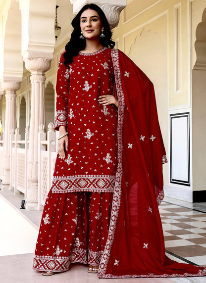 Maroon Chinon Silk Sequins Work Festival Wear Readymade Sharara Suit SW629769