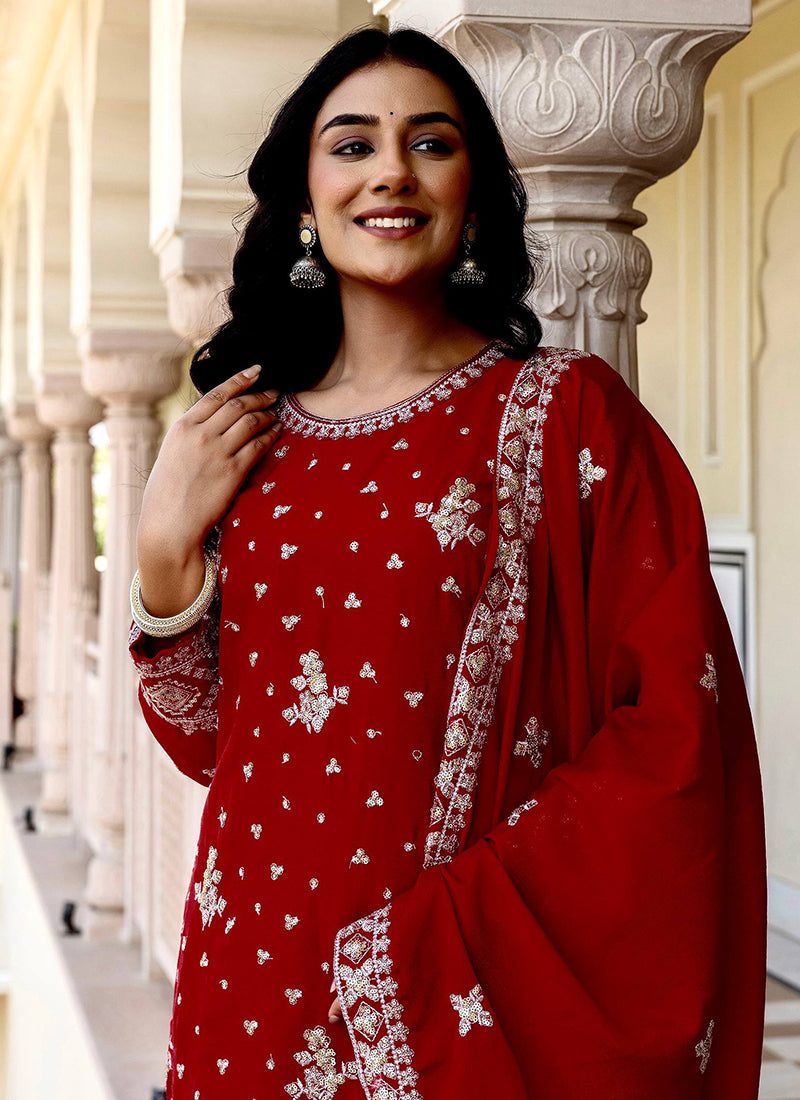 Maroon Chinon Silk Sequins Work Festival Wear Readymade Sharara Suit SW629769