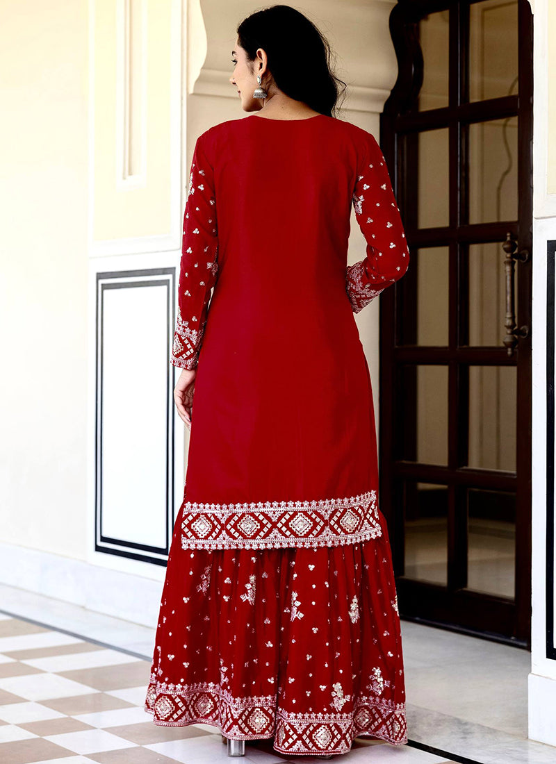 Maroon Chinon Silk Sequins Work Festival Wear Readymade Sharara Suit SW629769