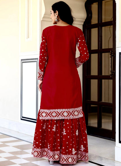 Maroon Chinon Silk Sequins Work Festival Wear Readymade Sharara Suit SW629769
