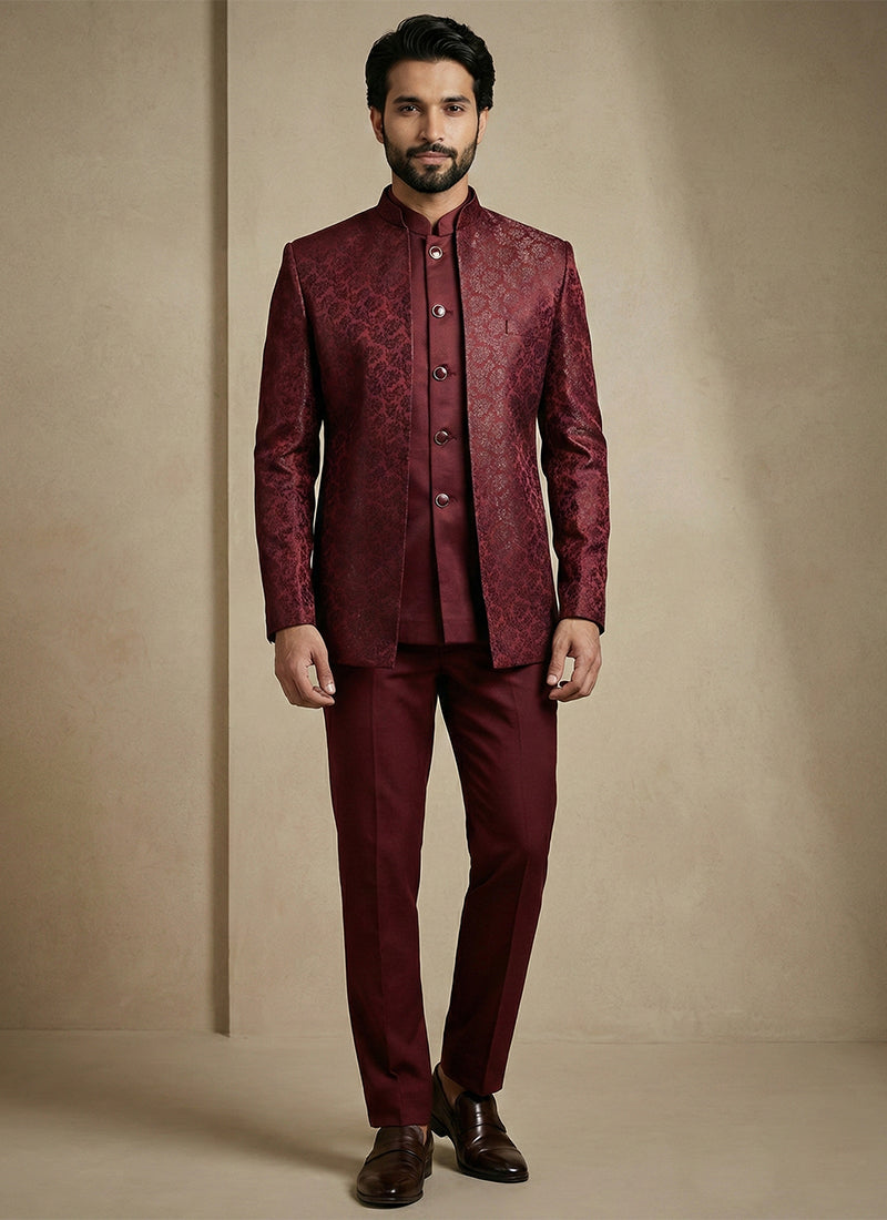 Maroon Donier Satin Weaving Work Party Wear Readymade Indo Western Suit SW730310