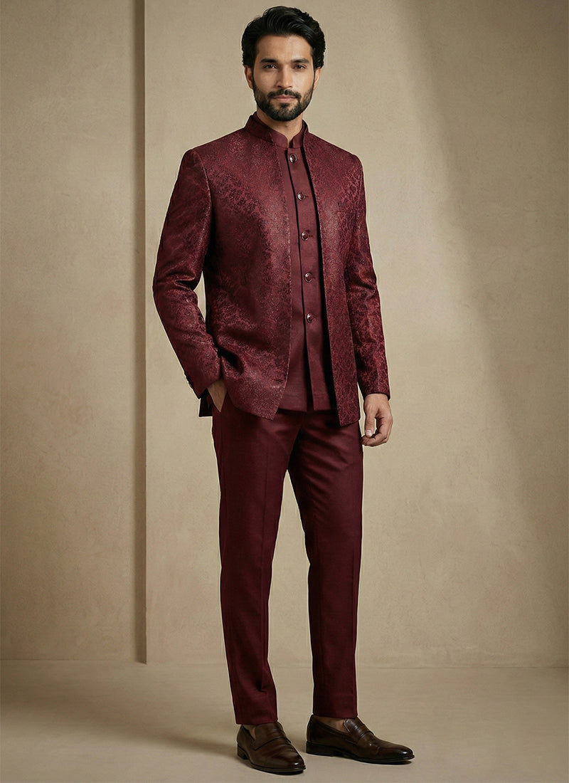 Maroon Donier Satin Weaving Work Party Wear Readymade Indo Western Suit SW730310