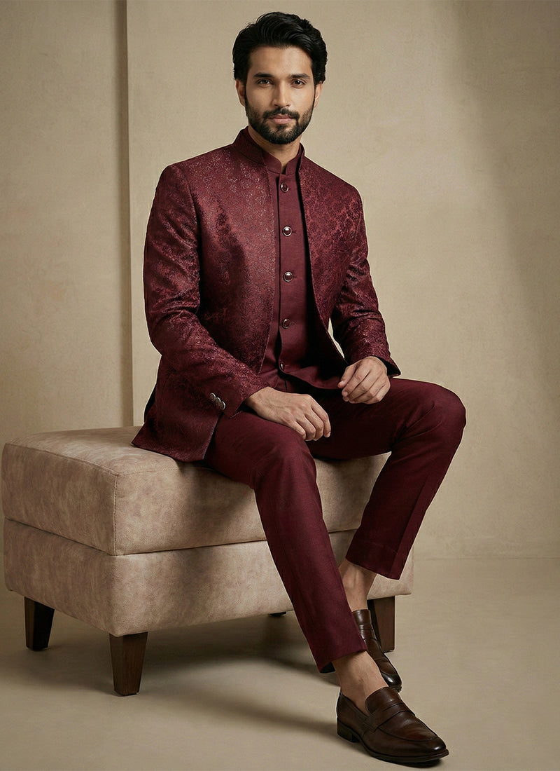 Maroon Donier Satin Weaving Work Party Wear Readymade Indo Western Suit SW730310