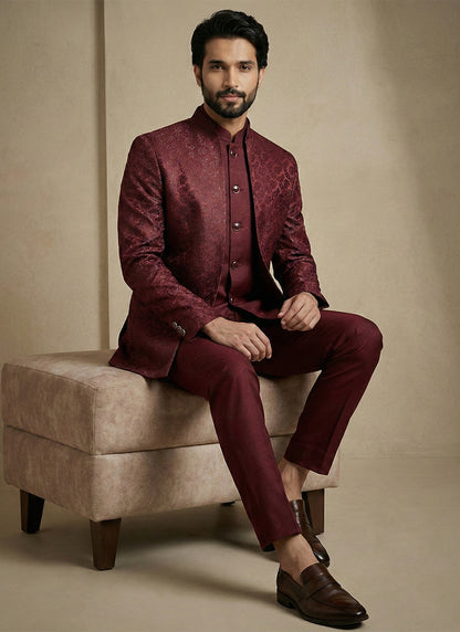 Maroon Donier Satin Weaving Work Party Wear Readymade Indo Western Suit SW730310