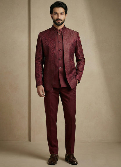 Maroon Donier Satin Weaving Work Party Wear Readymade Indo Western Suit SW730310
