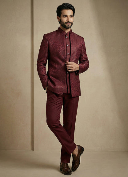 Maroon Donier Satin Weaving Work Party Wear Readymade Indo Western Suit SW730310