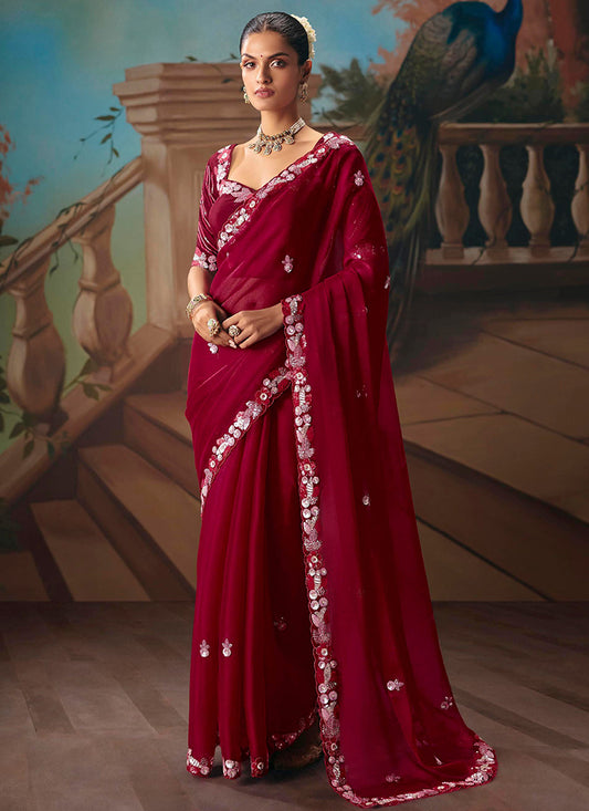 Maroon Fancy Sequins Work  Wedding Wear Saree SW263391