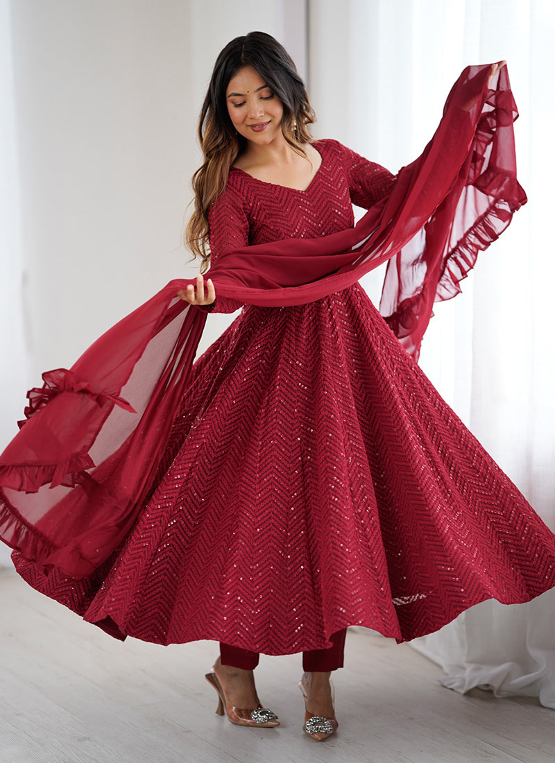 Maroon Faux Georgette Sequin Work Casual Wear Readymade Anarkali Suit SW980357