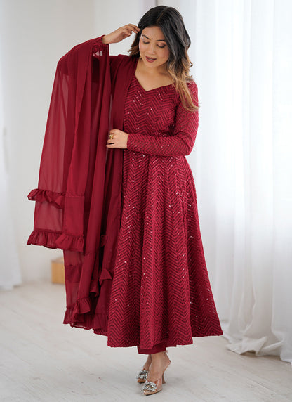 Maroon Faux Georgette Sequin Work Casual Wear Readymade Anarkali Suit SW980357