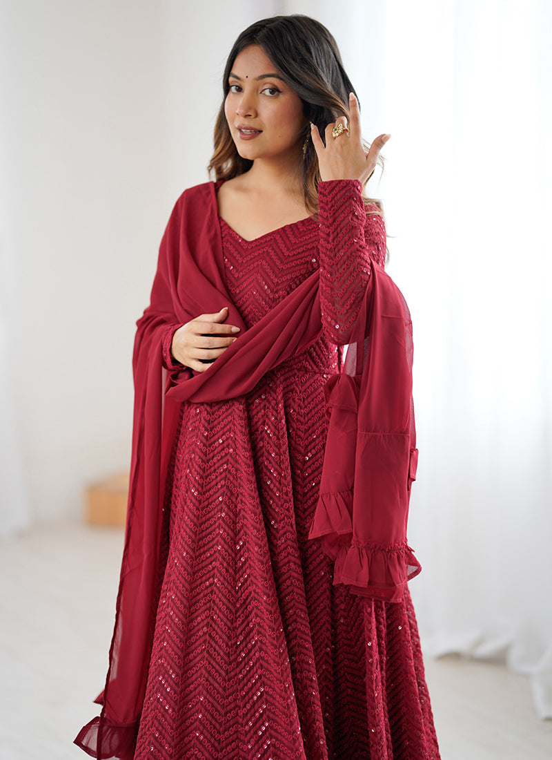 Maroon Faux Georgette Sequin Work Casual Wear Readymade Anarkali Suit SW980357