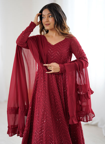 Maroon Faux Georgette Sequin Work Casual Wear Readymade Anarkali Suit SW980357