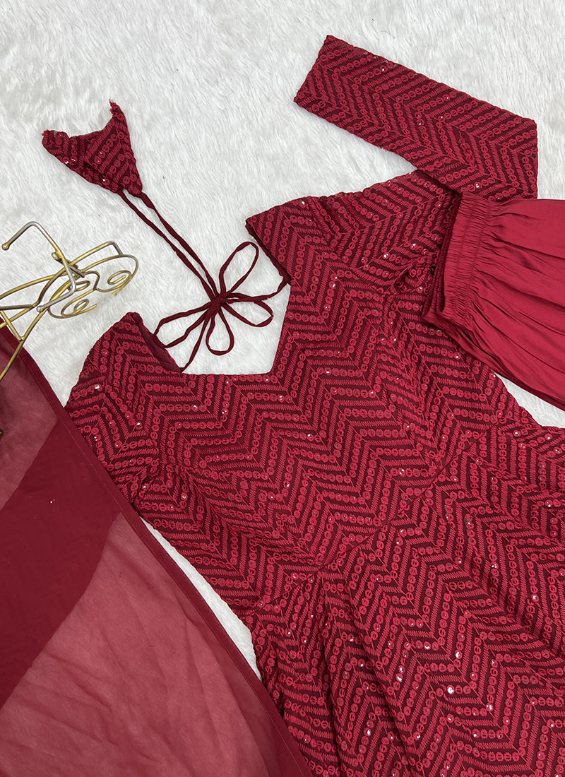 Maroon Faux Georgette Sequin Work Casual Wear Readymade Anarkali Suit SW980357