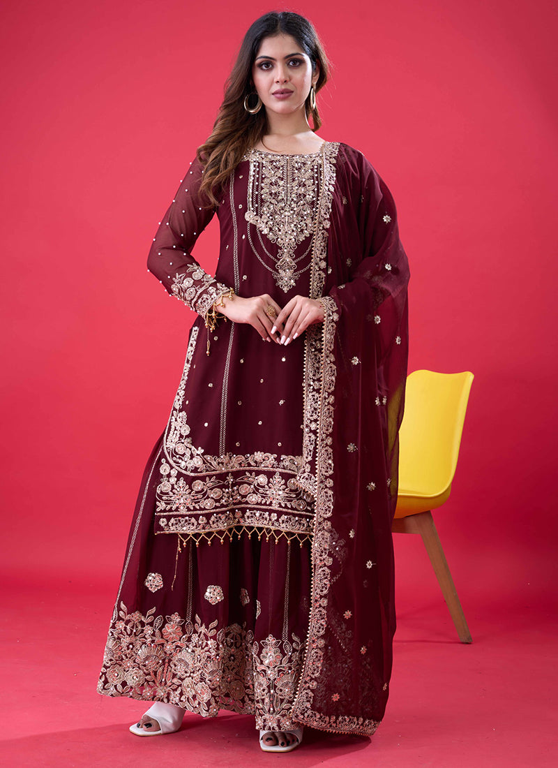 Faux Georgette Maroon Festival Wear Embroidery Work Readymade Sharara Suit 384993