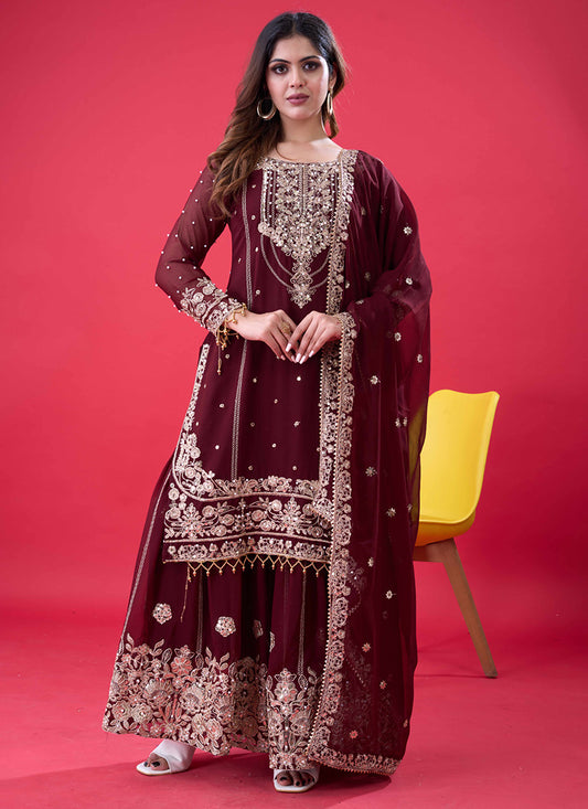 Faux Georgette Maroon Festival Wear Embroidery Work Readymade Sharara Suit 384993