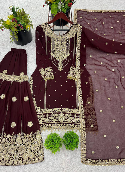 Faux Georgette Maroon Festival Wear Embroidery Work Readymade Sharara Suit 384993