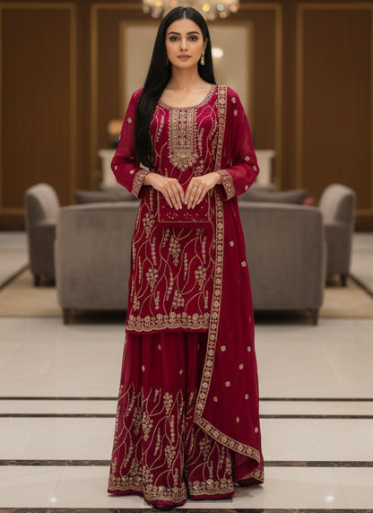 Maroon Fendy Silk Embroidery Work Festival Wear Readymade Plazzo Suit SW734882