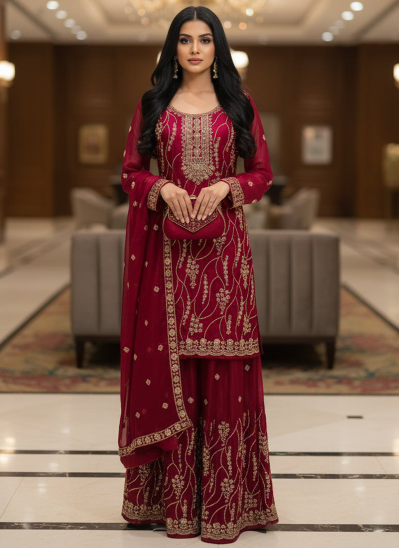 Maroon Fendy Silk Embroidery Work Festival Wear Readymade Plazzo Suit SW734882
