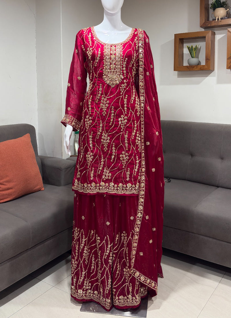 Maroon Fendy Silk Embroidery Work Festival Wear Readymade Plazzo Suit SW734882