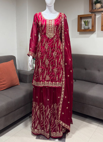 Maroon Fendy Silk Embroidery Work Festival Wear Readymade Plazzo Suit SW734882
