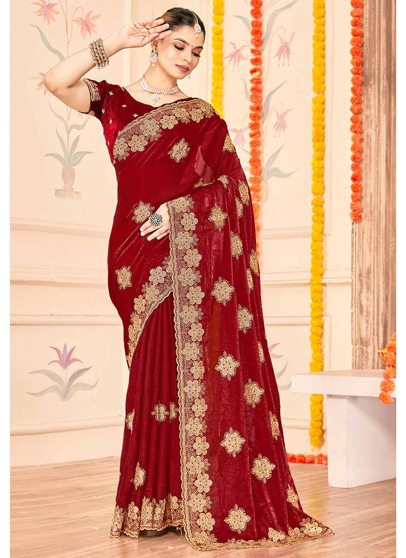 Fendy Silk Maroon Saree with Zari Work for Festival Wear 384446