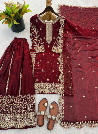 Maroon Fendy Silk Embroidery Work Occasional Wear Readymade Plazzo Suit SW541008