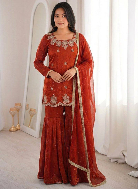 Maroon Fendy Silk Embroidery Work Occasional Wear Readymade Sharara Suit SW549842