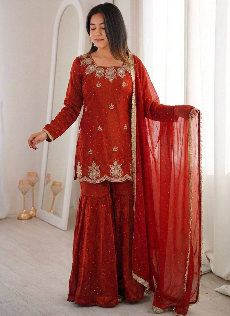Maroon Fendy Silk Embroidery Work Occasional Wear Readymade Sharara Suit SW549842